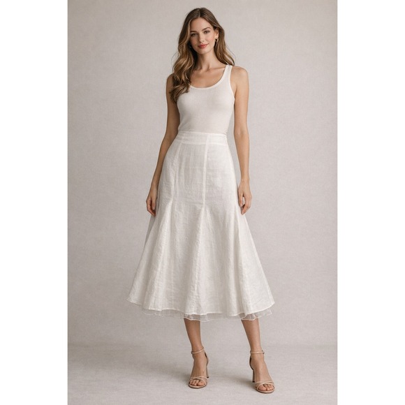 Melanie Lyne Dresses & Skirts - Melanie Lyne Linen Midi Skirt Womens Large White Flared Tulle Trim A017-6189 ML